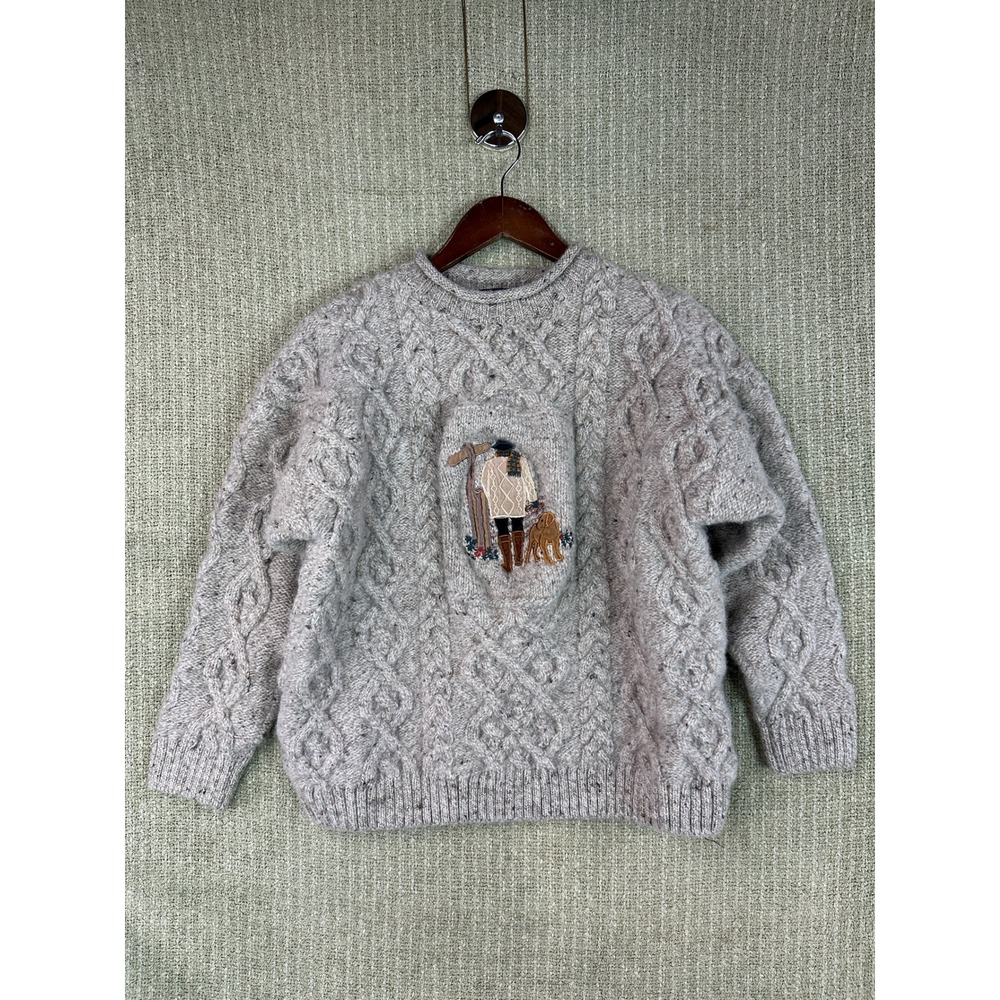 Vintage Pure New Wool Cable Knit Sweater XL Dog Embroidery UK Cottagecore